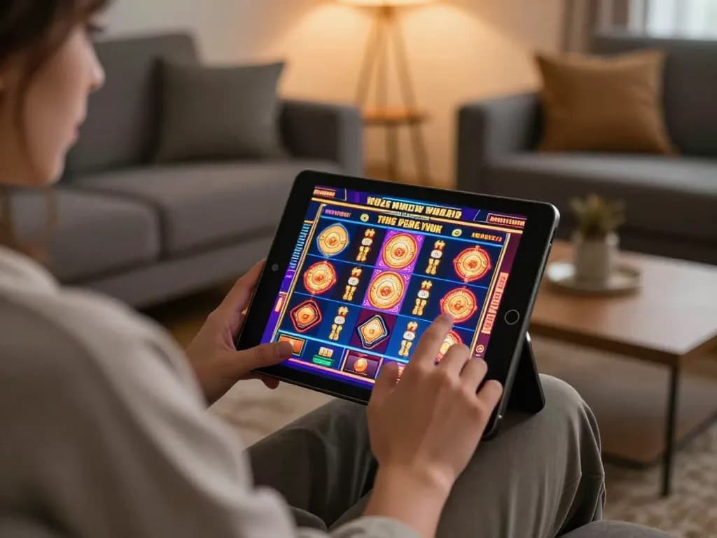 Engaging in khuyến mãi 23win while playing slots on a tablet in a cozy home setting