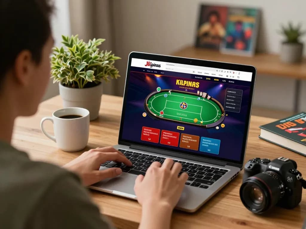 Engaging online casino experience with Jilipinas platform on a laptop in a cozy home setting.