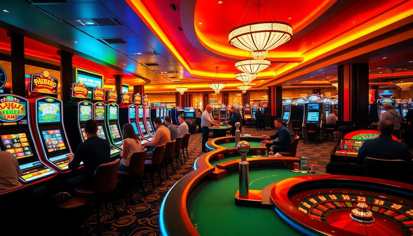Erlebe die aufregende Welt von casinospiele.de mit Spielern in einem lebhaften Casino-Setting.