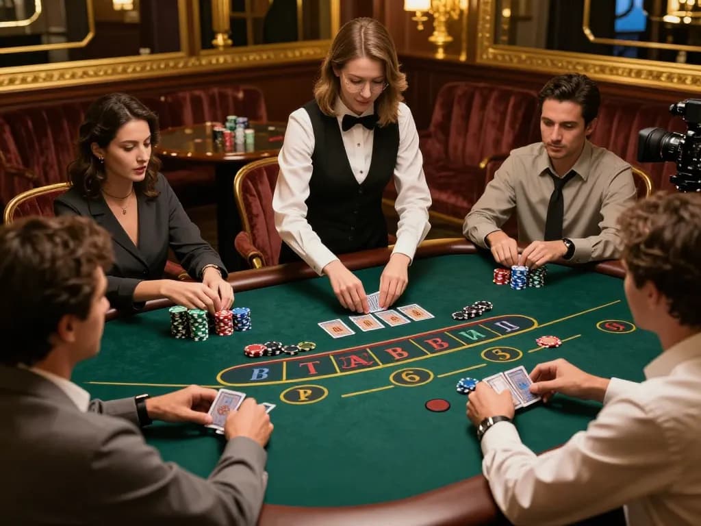 Players at LuckyIndex blackjack table strategizing their next move in an upscale casino setting.