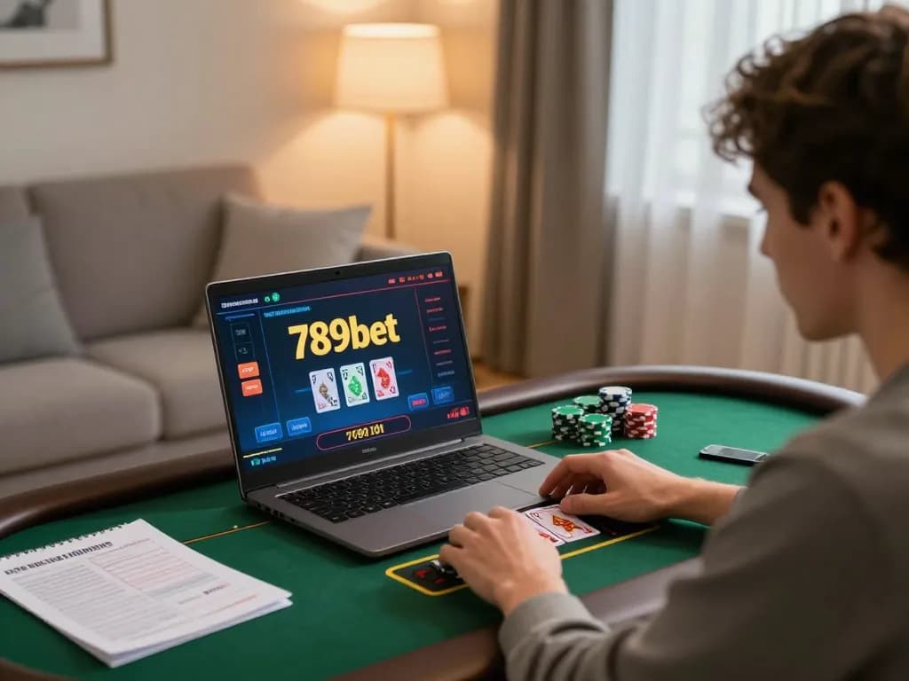 Engaging with 789bet on a laptop, focused on live dealer gaming in a cozy home setting.