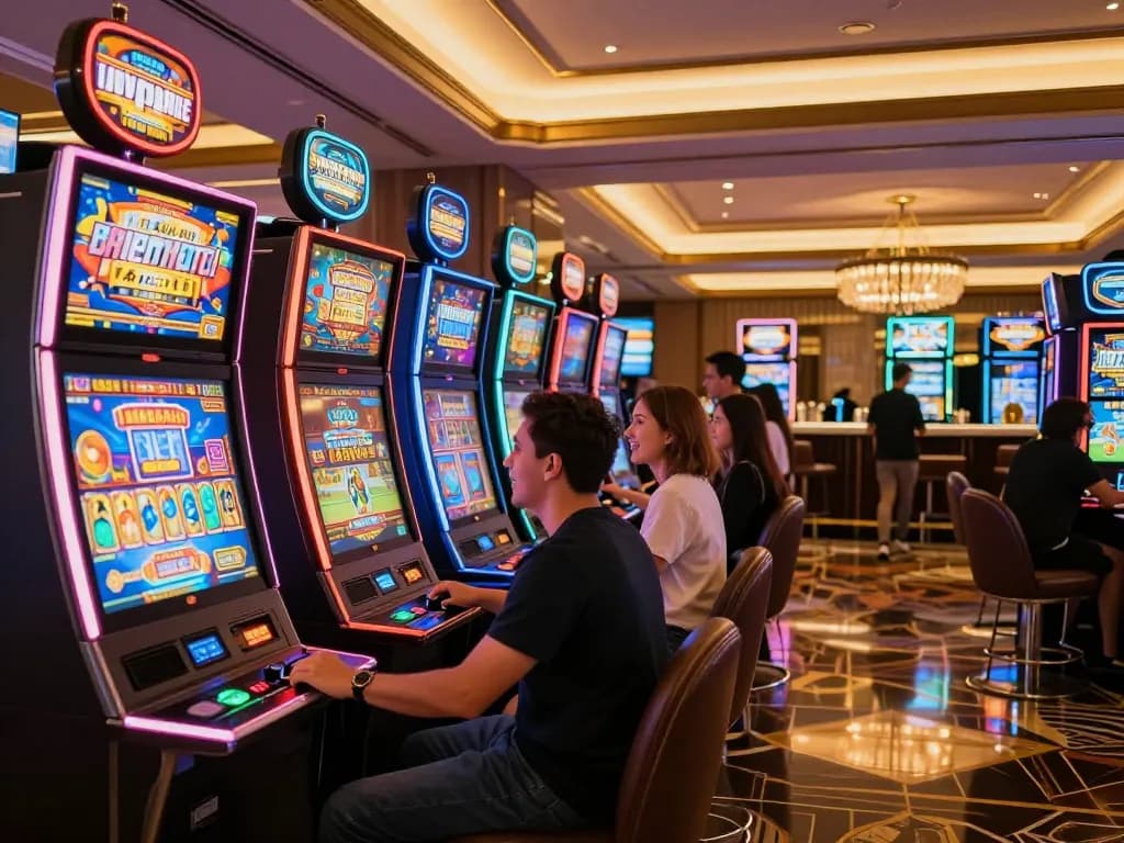 Pemain yang terlibat memutar mesin slot berwarna-warni di kasino yang ramai, menunjukkan suasana mendebarkan dari toto togel.