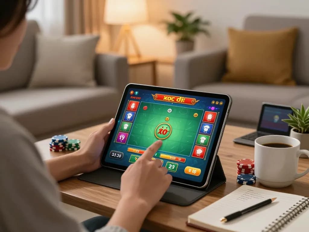 Xóc đĩa online gaming on a tablet in a cozy home setting, showcasing vibrant betting interface and relaxed atmosphere.