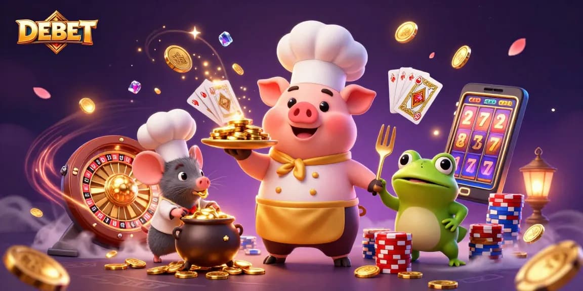Engage with DEBET’s vibrant gaming scene featuring gold coins and dynamic casino elements.