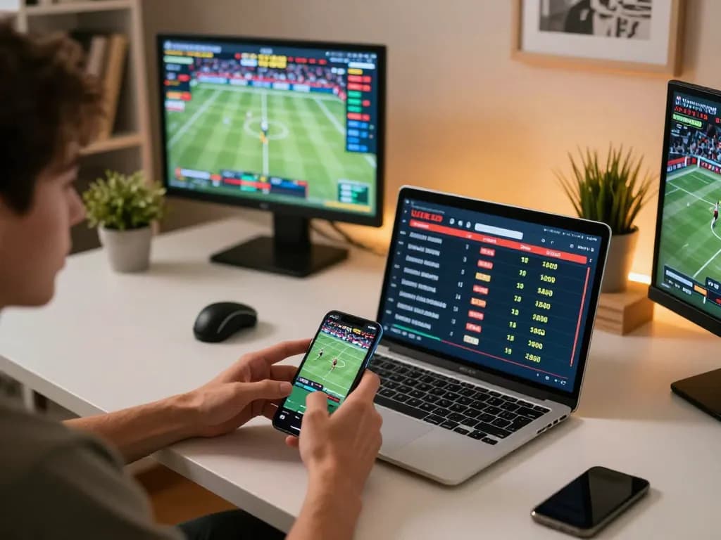 F8BET user placing live sports bets on smartphone with vibrant gaming atmosphere.