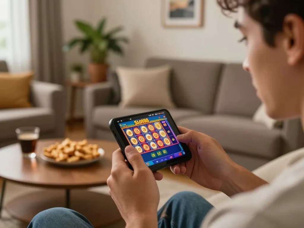 Player immersed in Slot88 mobile game, showcasing vibrant graphics in a cozy living room setting.