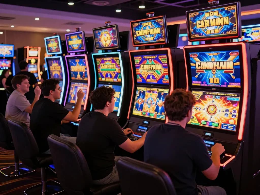 Players enjoying vibrant slots not on Gamstop at a lively casino atmosphere, colorful screens and excitement visible.
