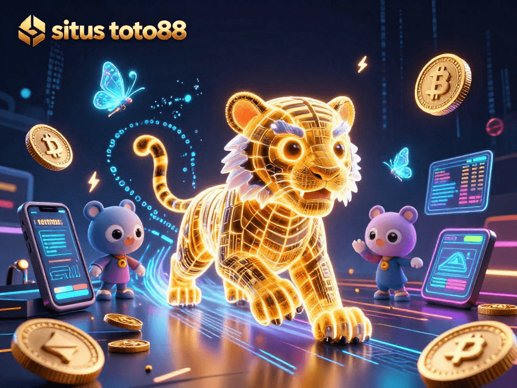 Experience excitement at situs toto88 with a 3D neon-wireframe tiger in a vibrant digital casino