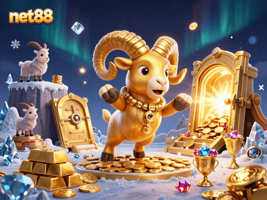 Experience thrilling gameplay at net88 with a vibrant 3D casino illustration showcasing a golden ram charging through treasure.