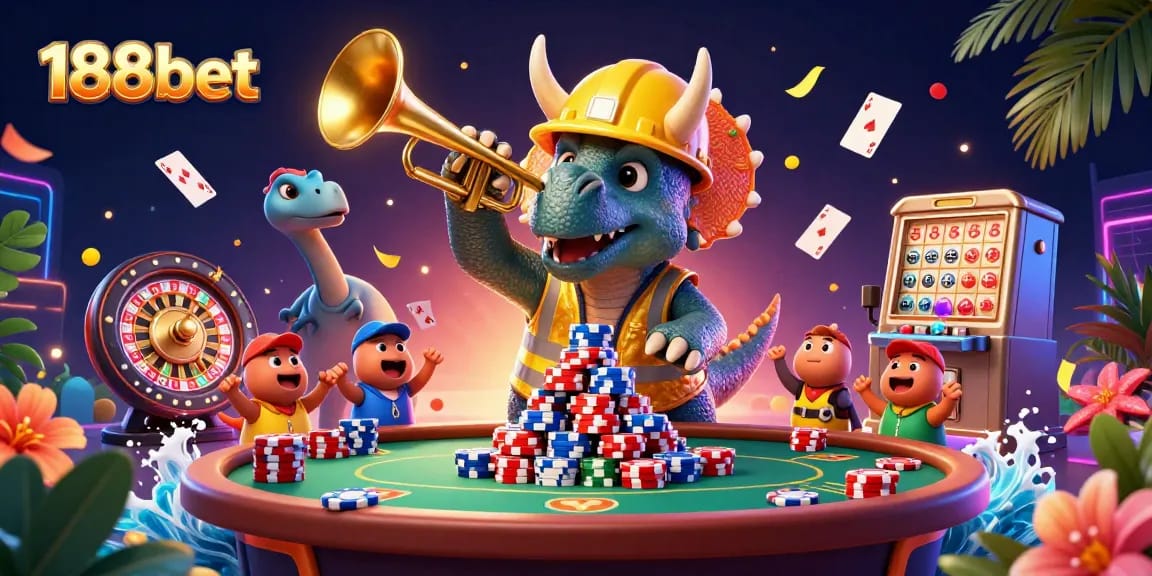 Engage with exciting poker action at 188bet featuring vibrant characters and casino elements.