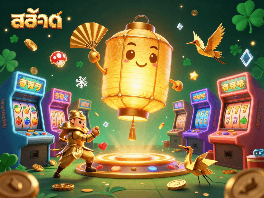 Experience thrilling สล็อต gameplay with a vibrant 3D scene featuring golden lantern spirits and slot elements.