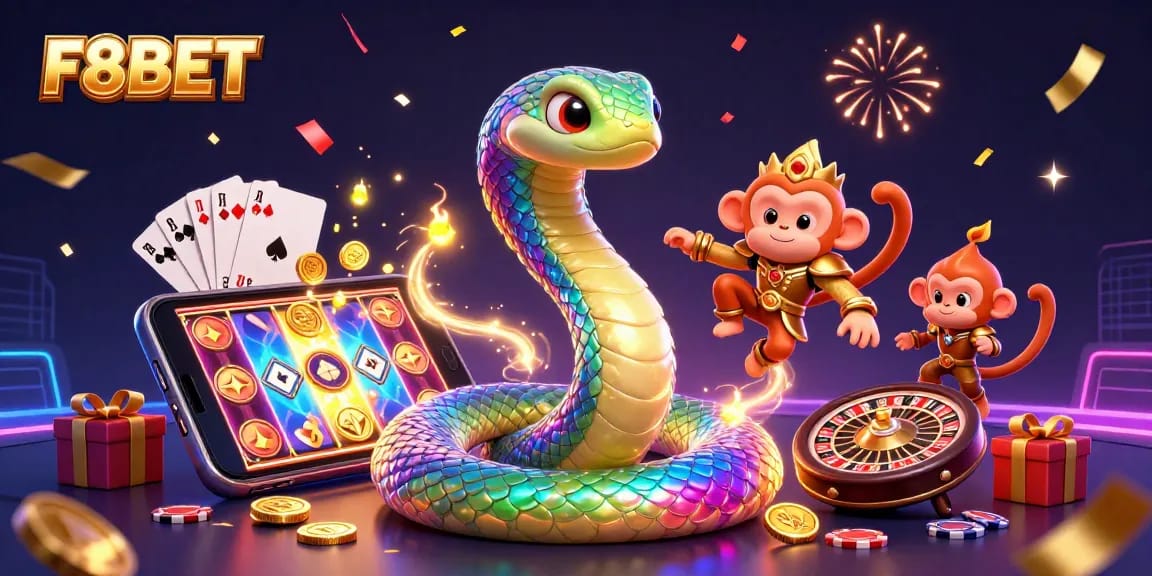 F8BET offers vibrant casino excitement with a rainbow serpent and monkey king in an engaging gaming scene.