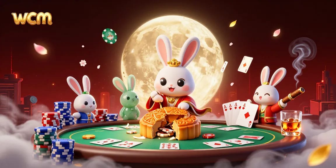 Engage in the thrilling world of wcm as cartoon moon rabbits reveal poker chips within golden mooncakes.