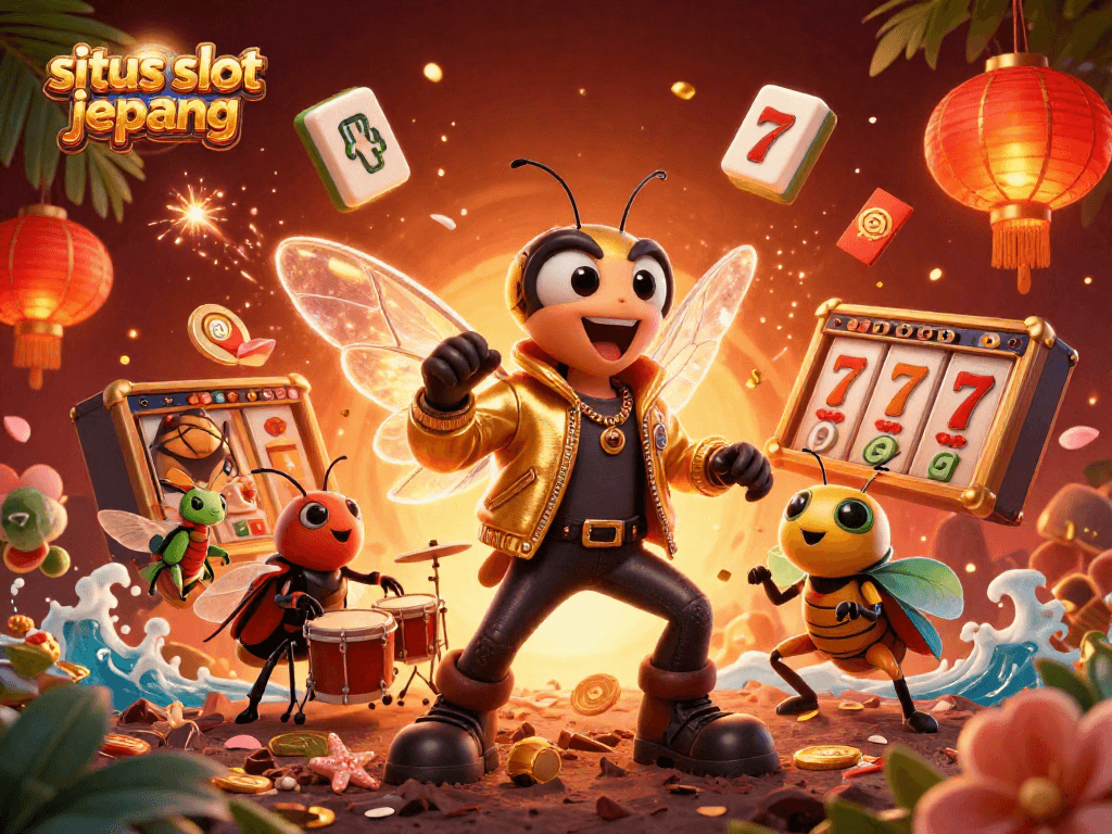 Experience the thrill of situs slot jepang with a dynamic scene featuring a rock star cicada and vibrant casino elements.