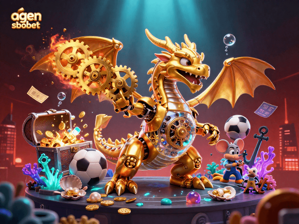 Immerse in agen sbobet sports betting with a dynamic 3D illustration of a golden dragon and exciting game elements.