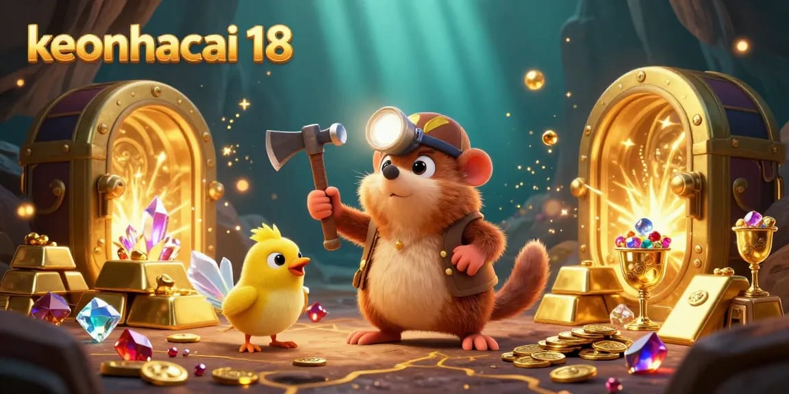 Engage with thrilling action at keonhacai 18, featuring a treasure hunter mole amidst jewels and riches, perfect for gamblers.