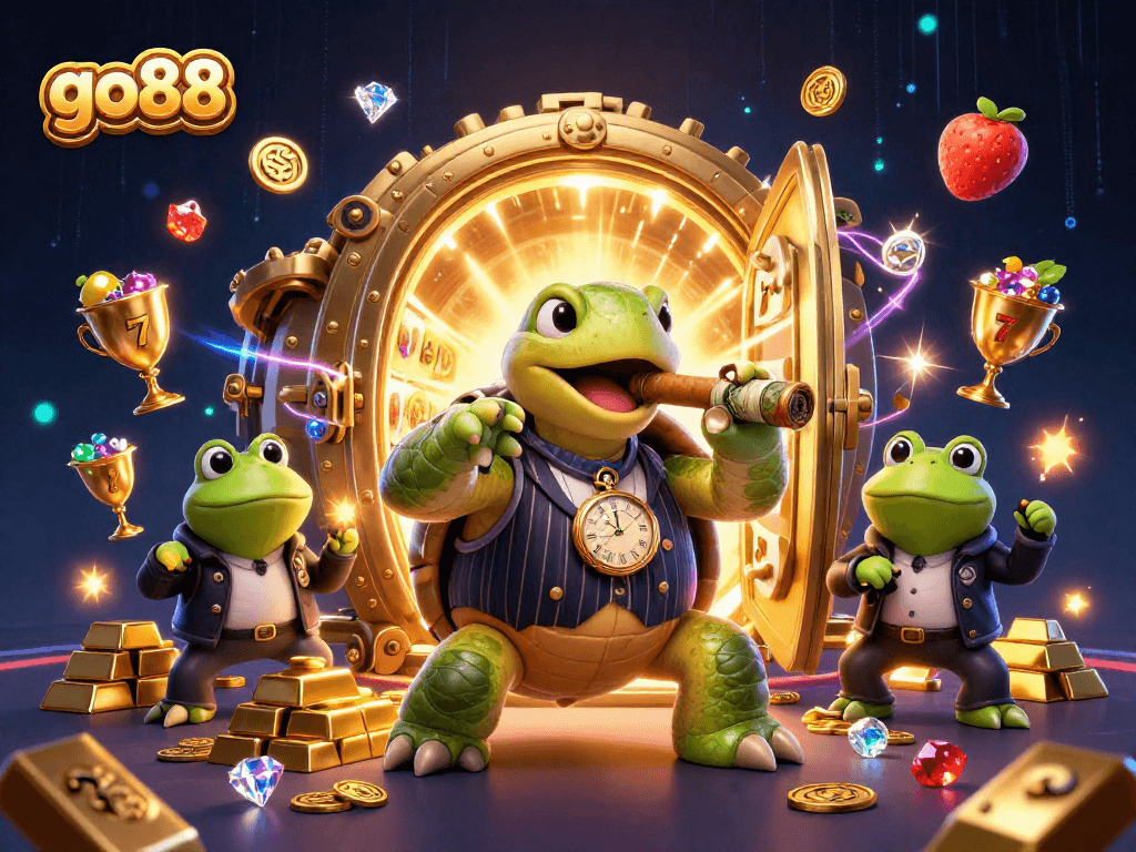 Experience go88 action with a whimsical turtle mobster and frog enforcers amidst vibrant slot gaming elements.