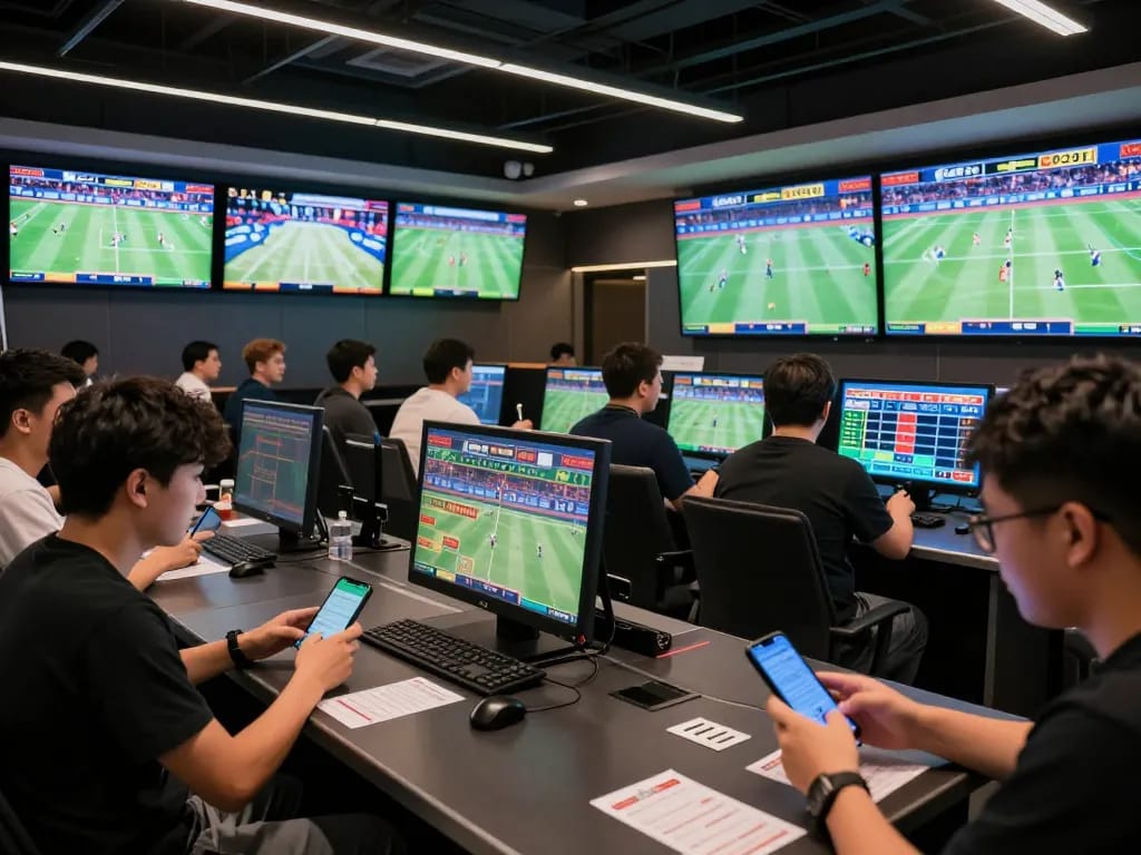 Exciting atmosphere at god55 sports betting venue with patrons engaged in live events