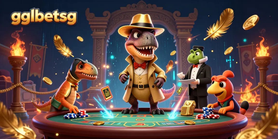 Bet with gglbetsg in a thrilling gambling scene featuring a velociraptor, stegosaurus, and compy at a blackjack table.
