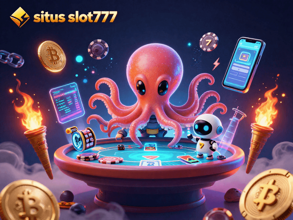 Experience thrilling slot action with situs slot777 in this vibrant 3D scene featuring an alien octopus at a poker table.
