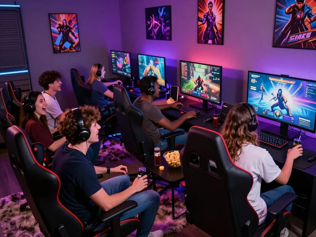 Group enjoying a porngame in a vibrant gaming lounge with snacks and excitement