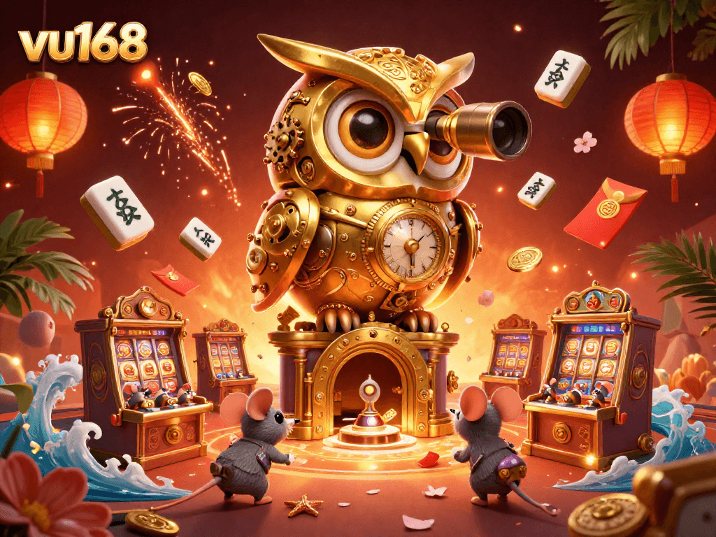 Engage with vu168's exciting golden owl guiding players through a vibrant online casino experience.