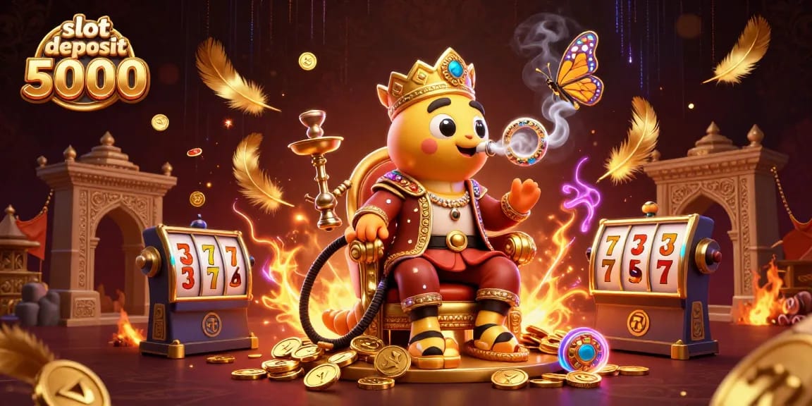 Gambarkan pengalaman permainan slot deposit 5000 dengan simbol slot dan elemen warna emas.