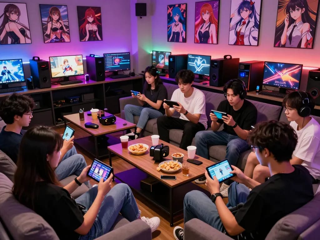 Friends enjoying free porn games in a colorful gaming lounge, with snacks and devices.