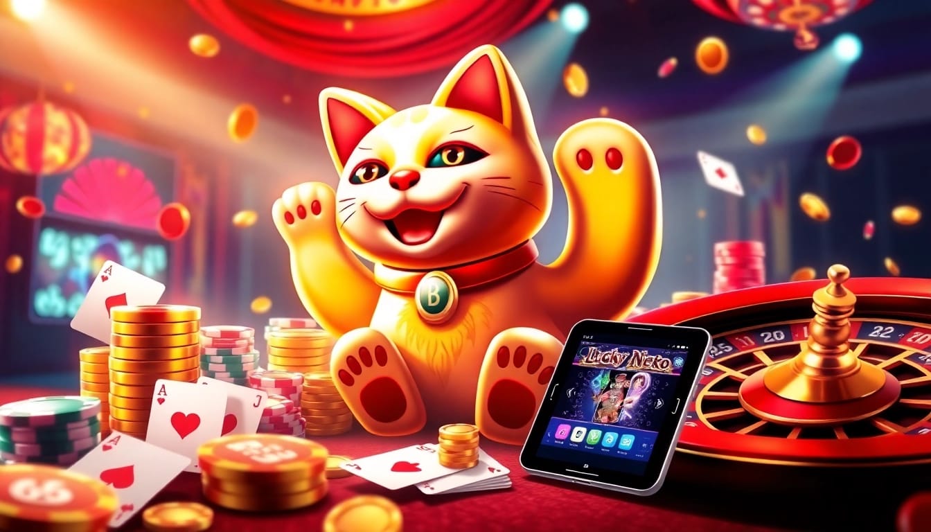 Experience the thrill of Lucky Neko PG Soft ไม่มีขั้นต่ำ with vibrant slot machines and colorful casino elements.