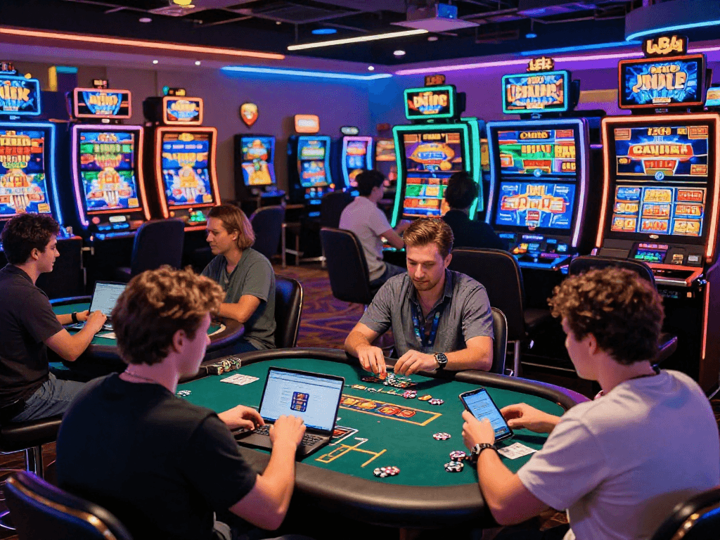 Experience the excitement of USA online casinos in 2026 with diverse players enjoying slots and table games in a vibrant environment.