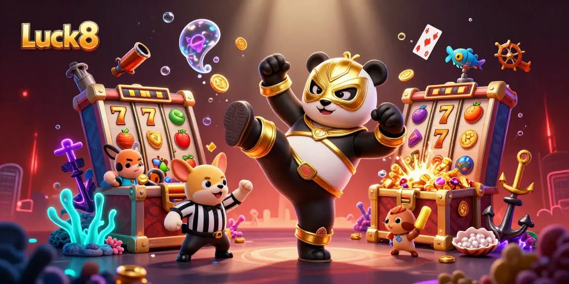 Experience the excitement of Luck8 with a vibrant 3D casino scene full of action and colorful game elements.