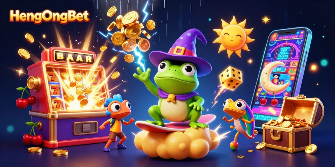 HengOngBet's vibrant scene featuring a wizard frog conjuring coins with a golden jackpot.