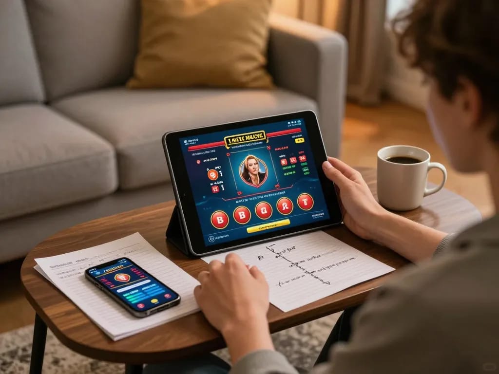 CasinoAtlas user participating in online gaming with tablet and notes in comfortable setting.