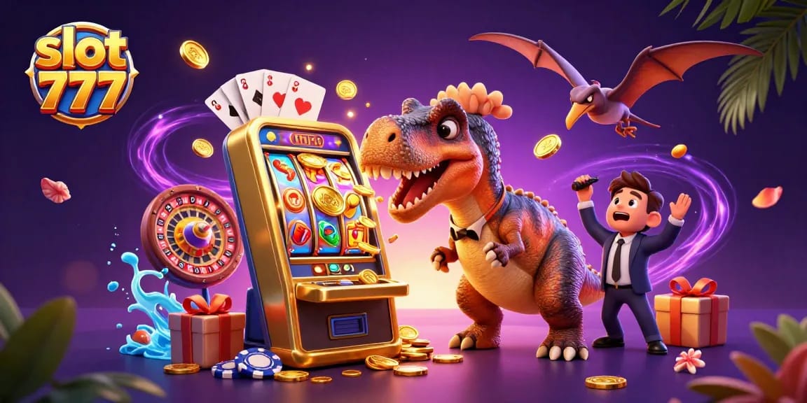 Slot 777 menghasilkan koin jackpot saat dinosaur pachycephalosaurus memukul mesin slot emas.
