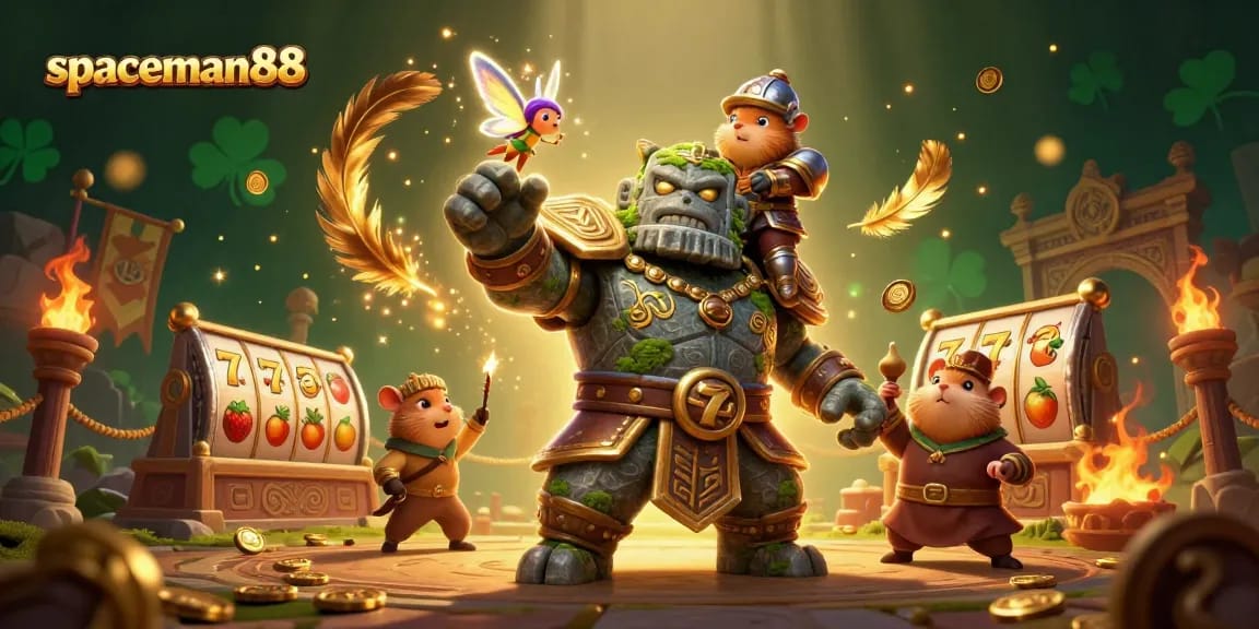 spaceman88 slots game scene featuring a golem guardian, fairy, and hamster knight, surrounded by dynamic casino elements
