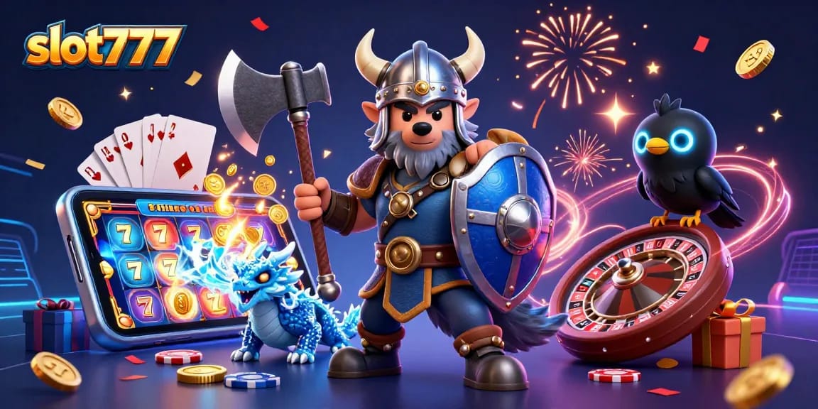 Menangkan slot777 dengan pejuang serigala Viking, naga, dan elemen permainan yang penuh warna.
