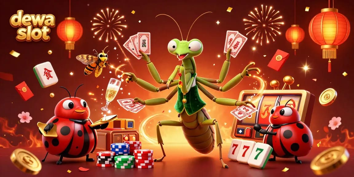 Engage with dewa slot as a vibrant 3D cartoon scene celebrates card games and slot machines.