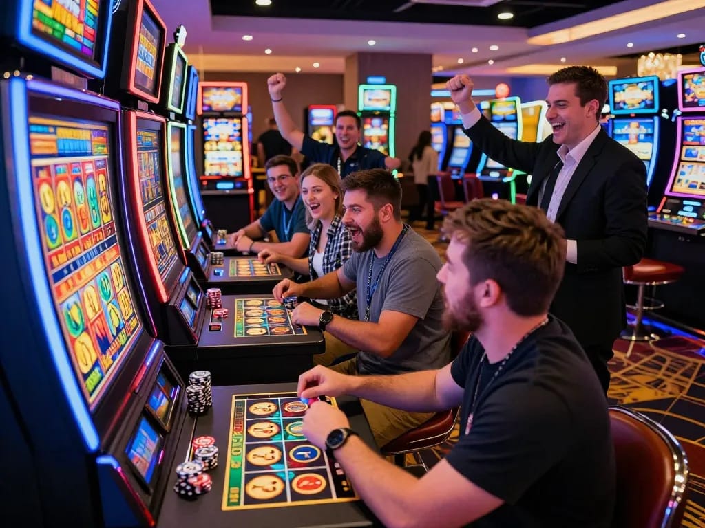 Pemain yang bersemangat merayakan jackpot di slot gacor hari ini di kasino yang hidup.