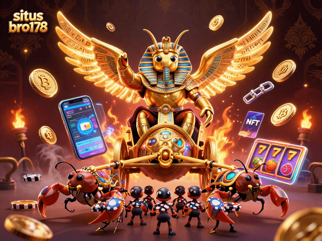 Gambarlah situs bro178 dengan scarab emas dan elemen kasino menarik