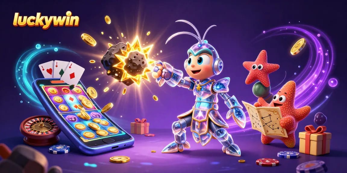 Win big with luckywin: 3D cartoon galactic samurai mantis shrimp in a vibrant casino-themed scene.