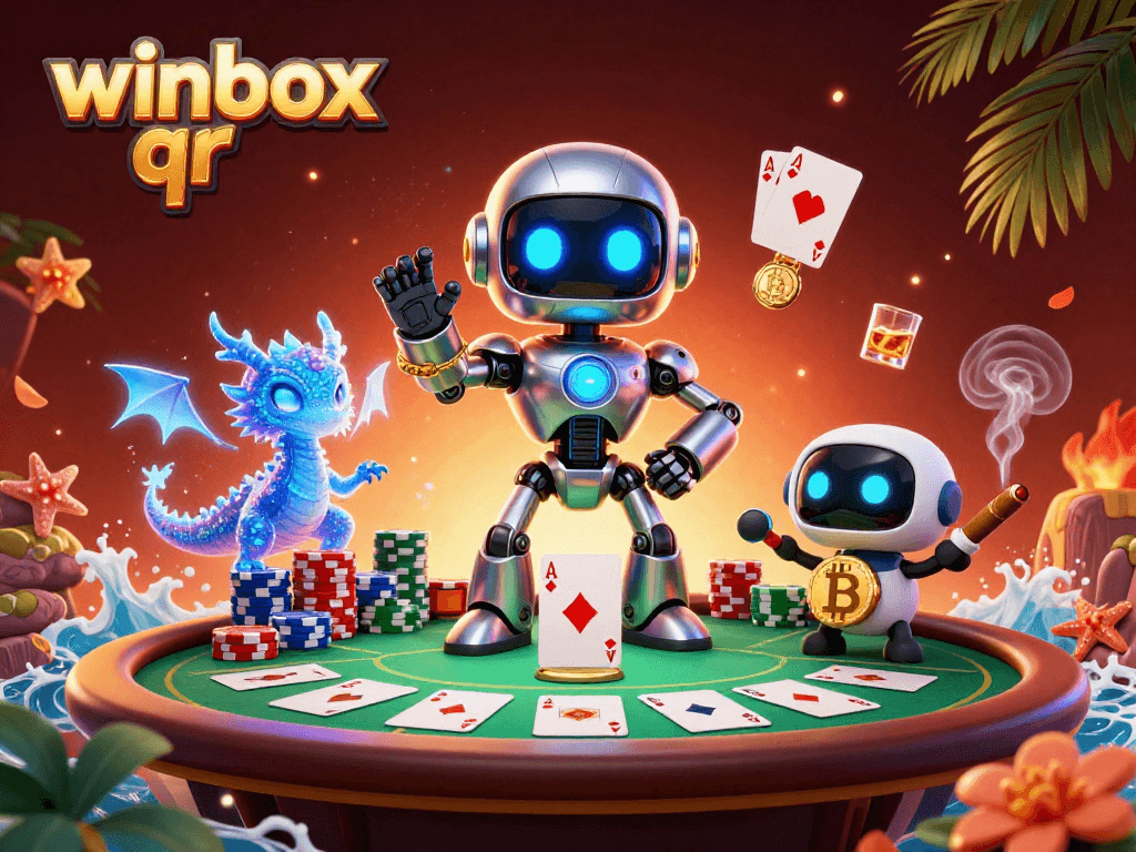 Engage with winbox qr as the cyberpunk robot mascot oversees a vibrant poker scene.