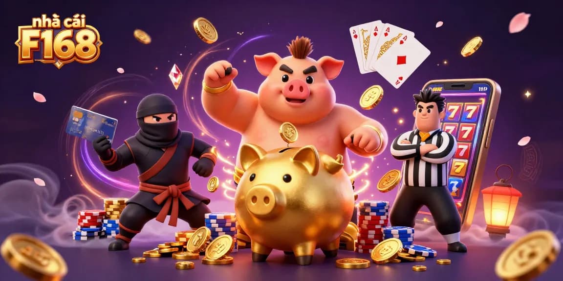 Experience thrilling winnings at nhà cái F168 with colorful casino elements, vibrant characters, and exciting gameplay.