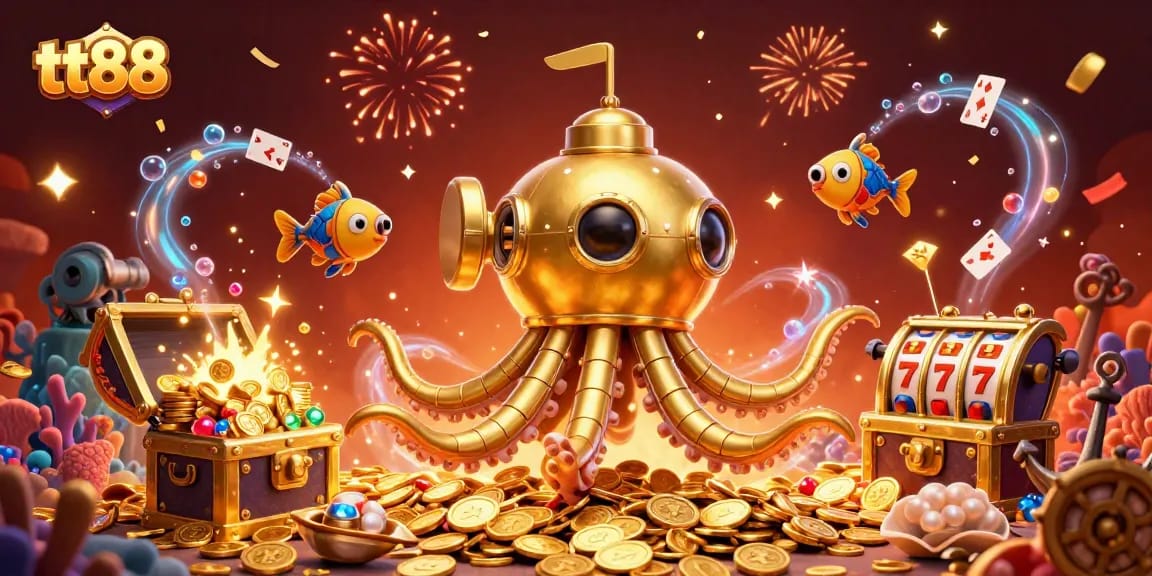 Engaging scene with tt88's kraken submarine and slot reels amidst gold coins and vibrant casino elements
