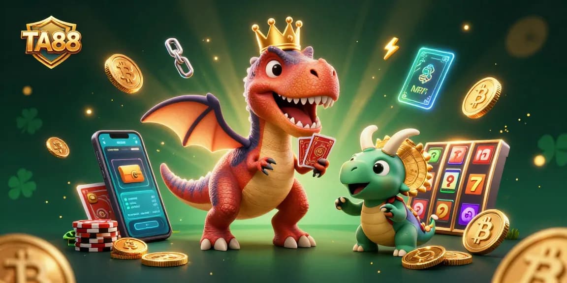 TA88 showcases a vibrant casino scene with a T-Rex shuffling cards and stacking chips