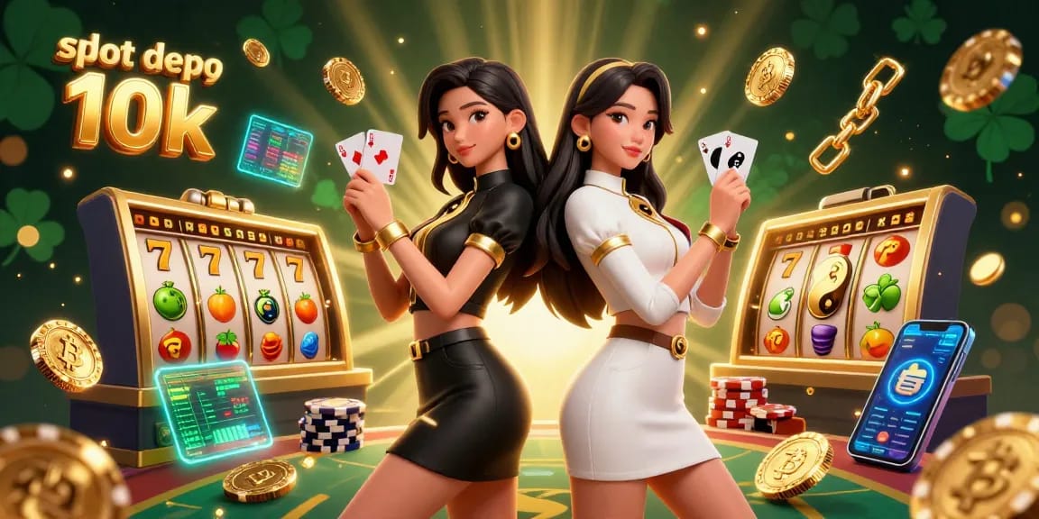 Experience thrilling wins with slot depo 10k – vibrant artwork showcasing Asian women with playing cards amidst a lively casino atmosphere.