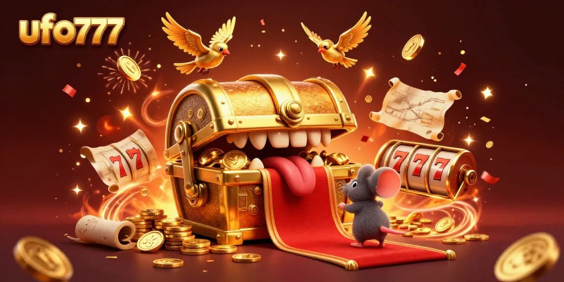 Experience thrilling wins at ufo777 with our vibrant 3D casino illustration showcasing treasure and rewards.