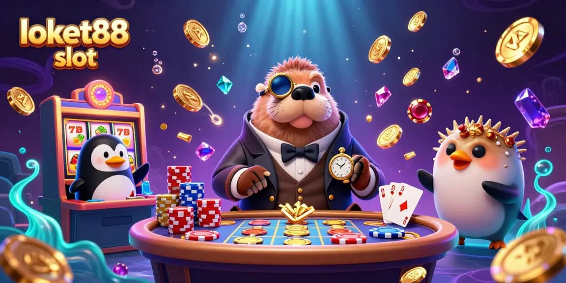 Experience the excitement of loket88 slot with this vibrant underwater casino scene featuring a dapper walrus playing slots!