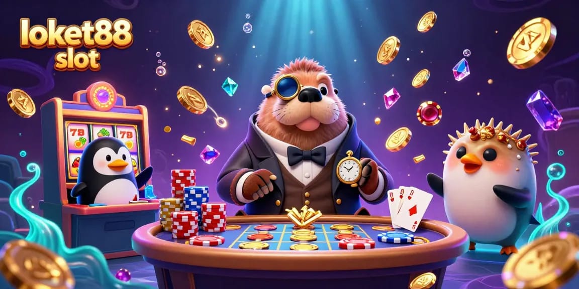 Experience the excitement of loket88 slot with this vibrant underwater casino scene featuring a dapper walrus playing slots!