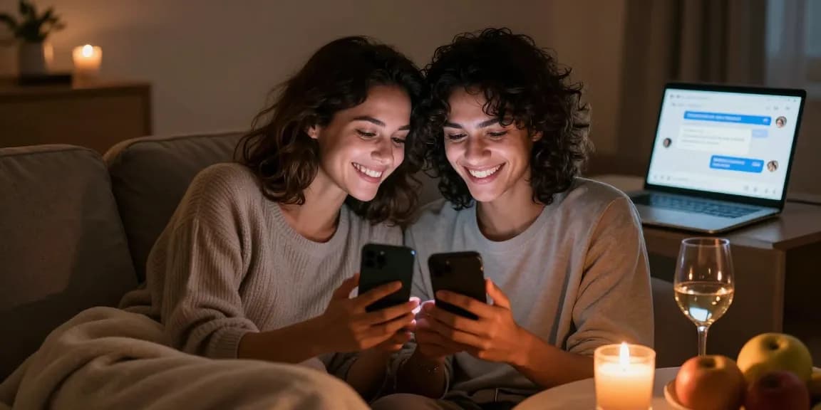 Sexting AI interaction between a couple on their smartphones in a cozy environment, showcasing playful intimacy.