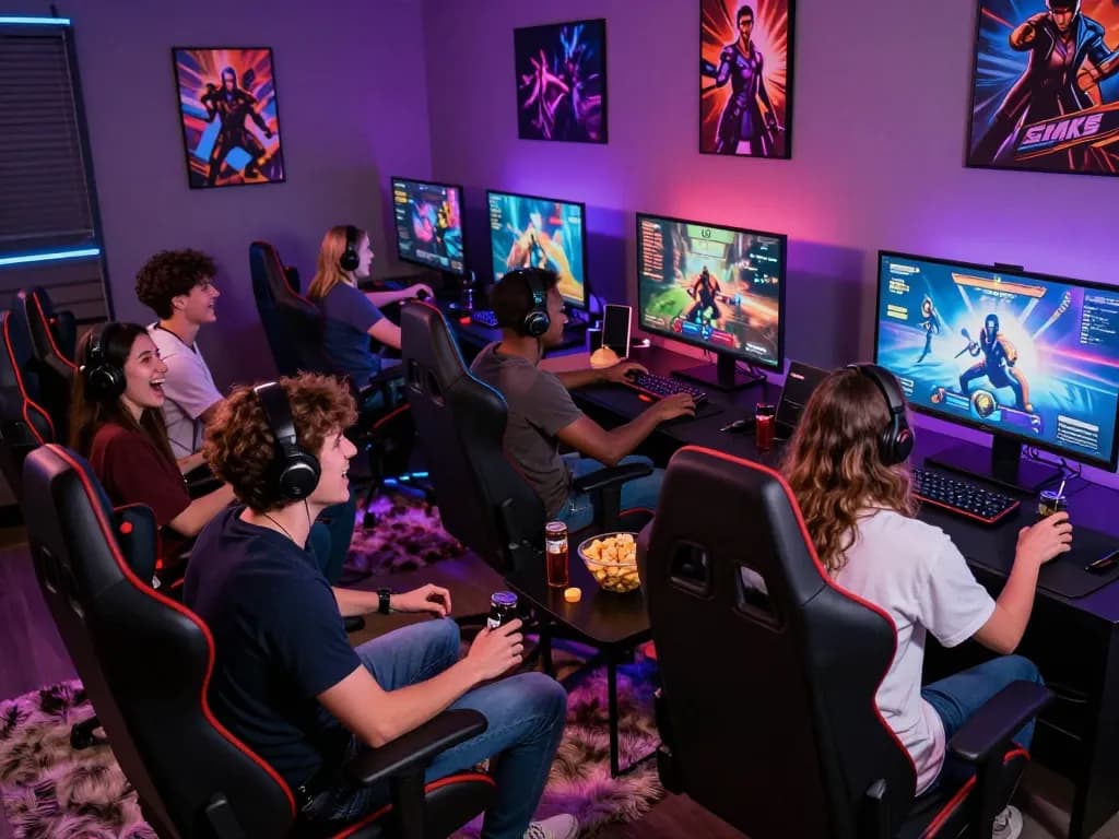 Group enjoying a porngame in a vibrant gaming lounge with snacks and excitement